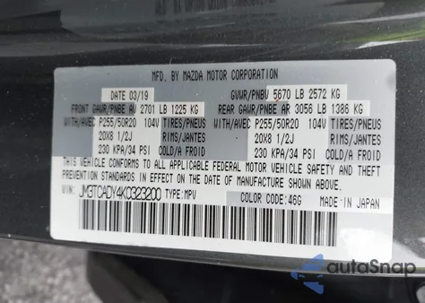 2019 Mazda Cx-9 Grand Touring z USA, uszkodzony, nr VIN JM3TCADY4K0323200